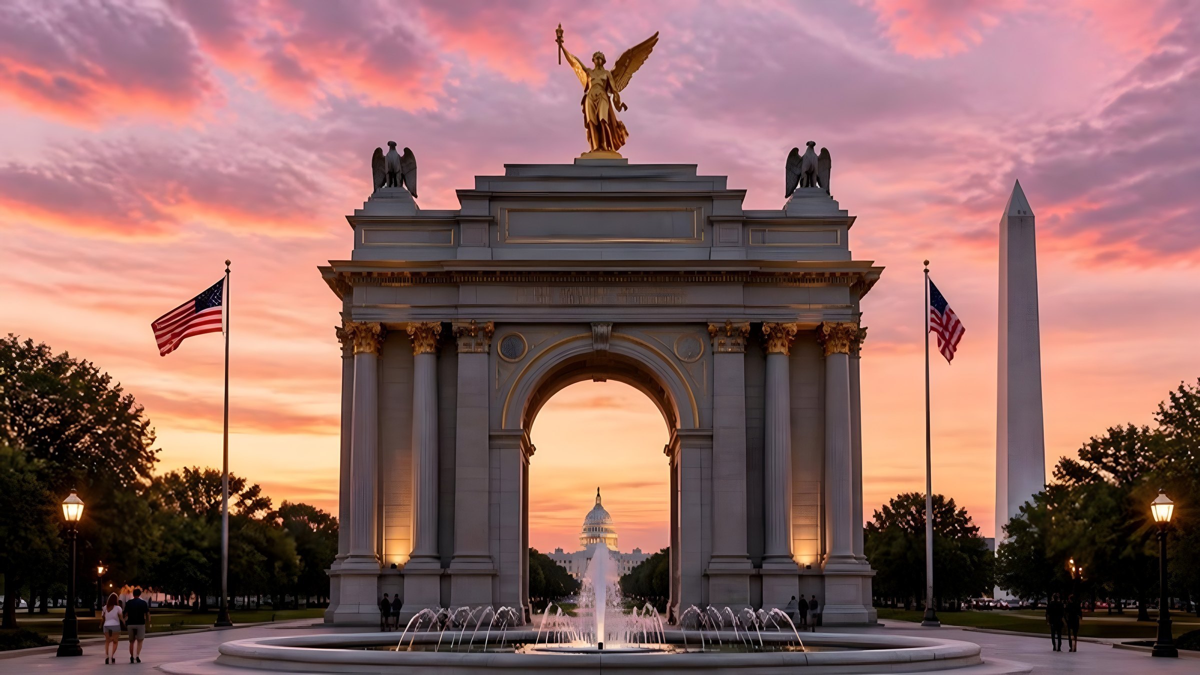 Artistic rendering of the ArchMadison arch on the National Mall at sunset, the Capitol framed in its opening and the Washington Monument at right